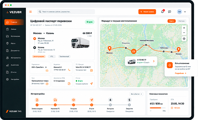 TMS VEZUBR: заявки, планирование перевозок, статусы рейсов и аналитика